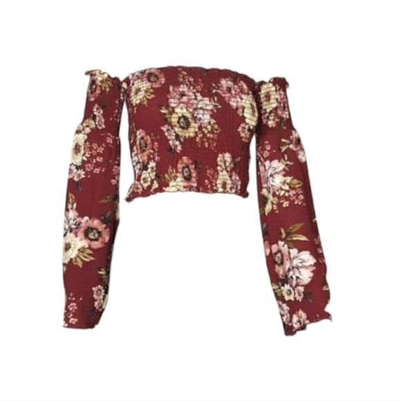 Chocolate U.S.A  Women's Off Shoulder Crop Top Pullover Bell Sleeve Floral Print - Picture 1 of 6